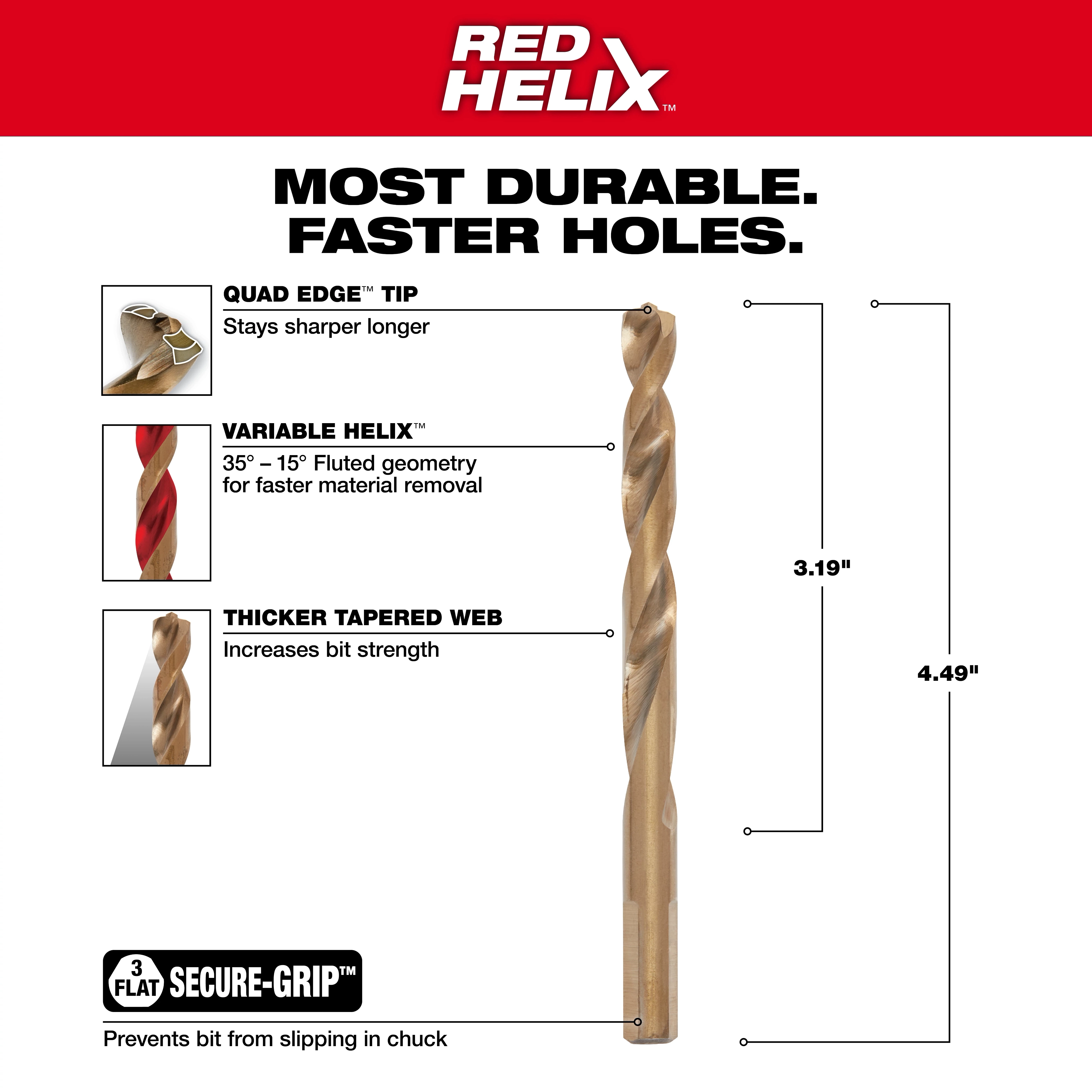 Red Helix 48-89-2318 Walkaround drill bit features a quad edge tip, variable helix, thicker tapered web, and secure-grip design.