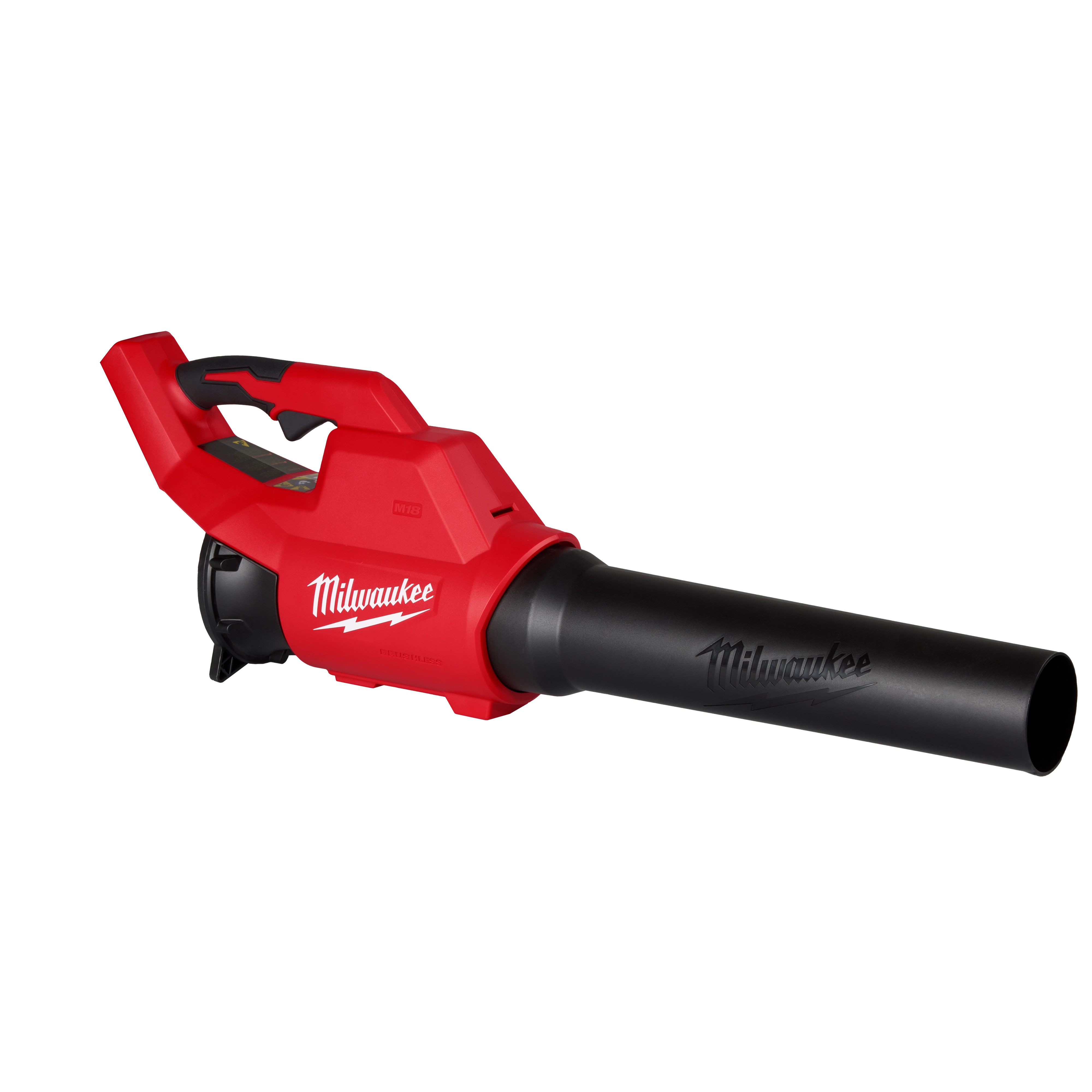 M18 Brushless Blower by Milwaukee features a red and black design. The blower has a large black nozzle for directing airflow and an ergonomic handle for user comfort. The Milwaukee logo is prominently displayed on the body of the blower and nozzle.  Machine is cordless.
