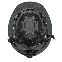 BOLT™ Grey Full Brim Safety Helmet w/ 4pt Ratcheting Suspension – Type 2, Class E features an interior view showcasing its padded, adjustable ratcheting suspension system with a black mesh center pad for comfort and stabilization. The helmet exterior is grey with integrated slots and a full brim design for added protection.