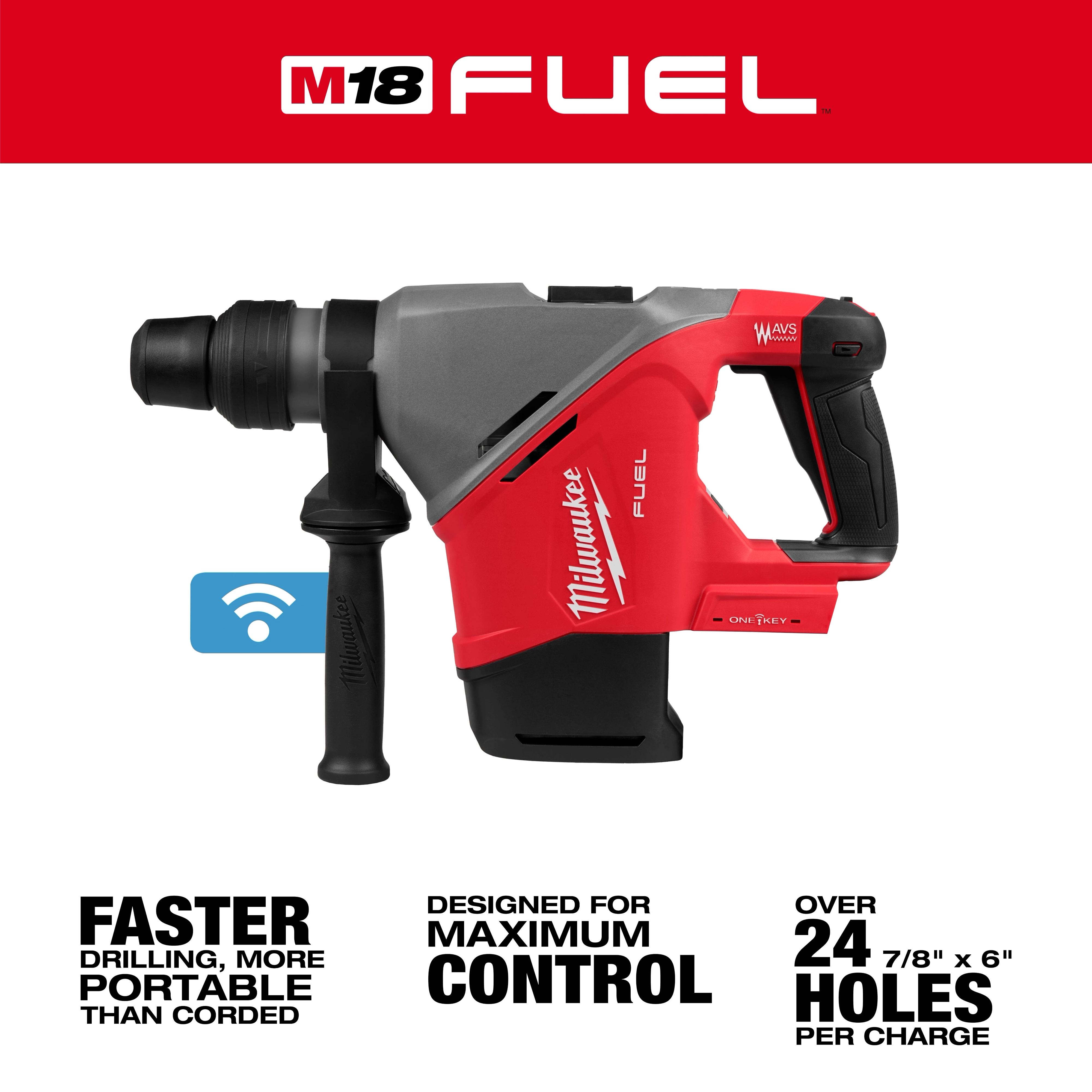 Side view of M18 FUEL 1-9/16" SDS Max Rotary Hammer with ONE-KEY, presented with text highlighting its features: faster drilling, maximum control, and over 24 holes per charge.