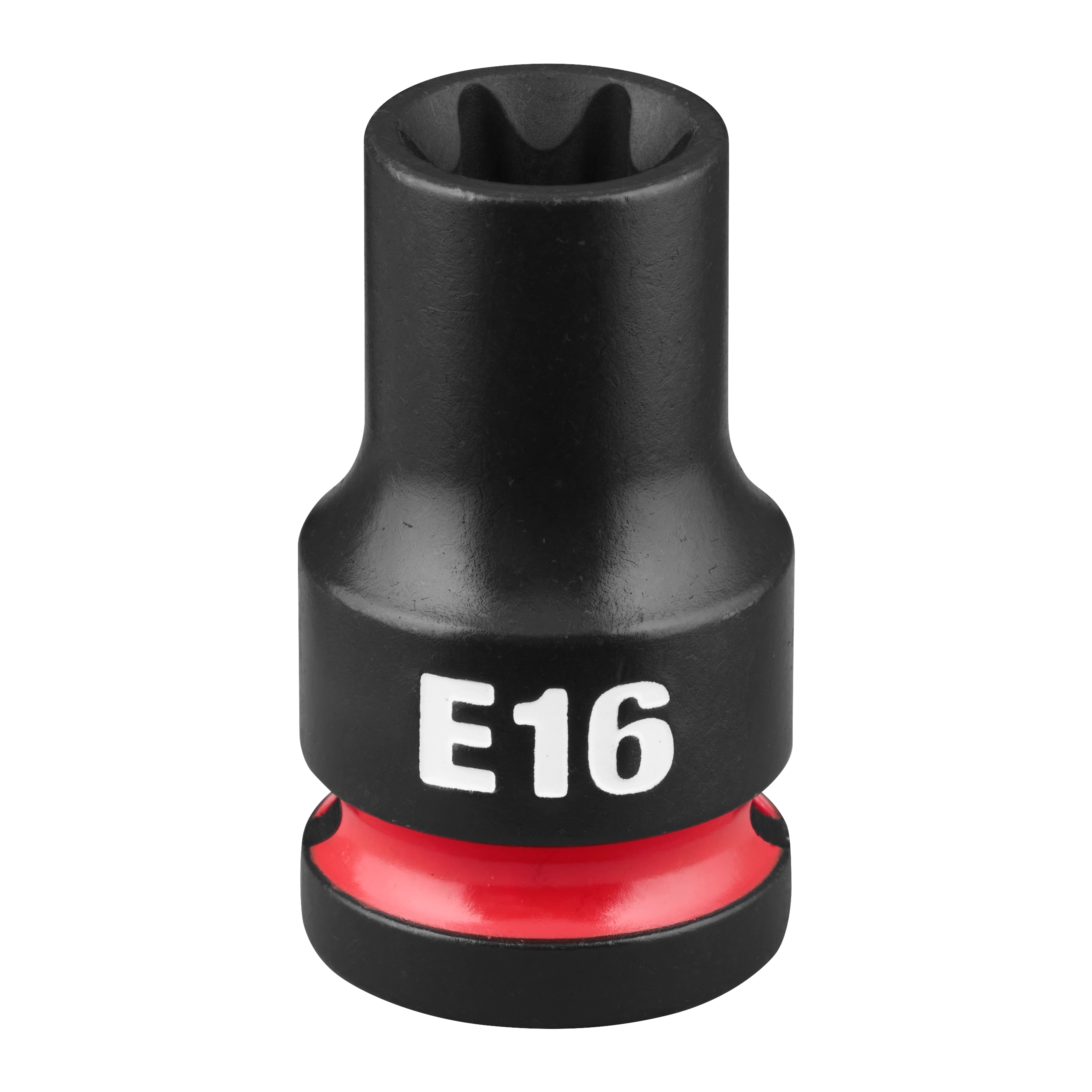 SHOCKWAVE Impact Duty 1/2" Drive E-Torx E16 Bit Socket standing upright with E16 marking and red band near base.