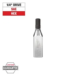 The image shows a Milwaukee 1/4" drive SAE hex bit socket. It features a chrome finish and a hexagonal bit. The image also includes text indicating a lifetime guarantee and labels for 1/4" drive, SAE, and hex.
