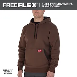 Midweight Pullover Hoodie - Brown. Model is 5'11" wearing a medium. Hoodie features kangaroo pocket, black drawstrings, and red patch logo.