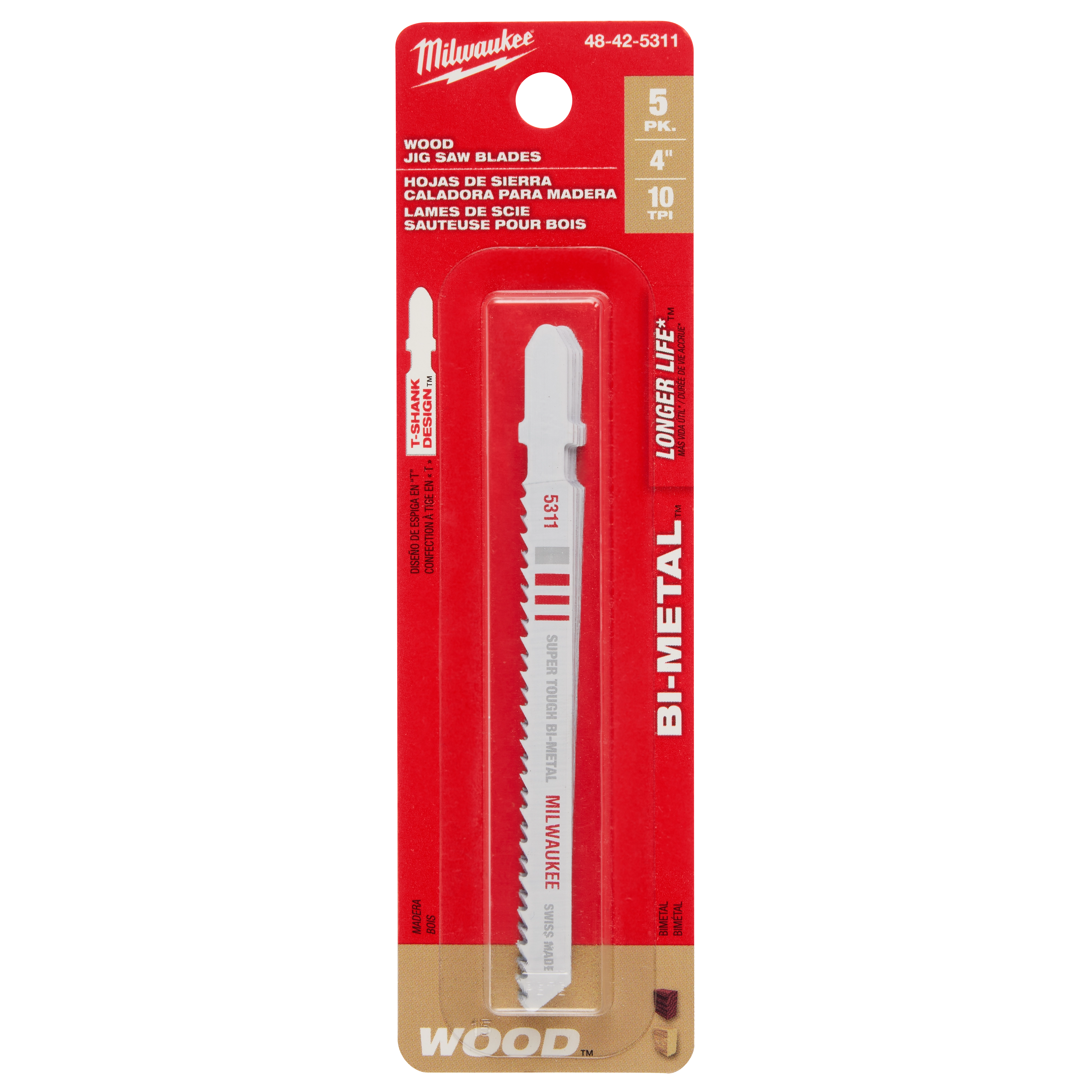 Milwaukee 4" 10TPI T-Shank Wood Bi-Metal Jig Saw Blades 5PK in red packaging, showcasing one jig saw blade.