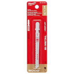 Milwaukee 4" 10TPI T-Shank Wood Bi-Metal Jig Saw Blades 5PK in red packaging, showcasing one jig saw blade.