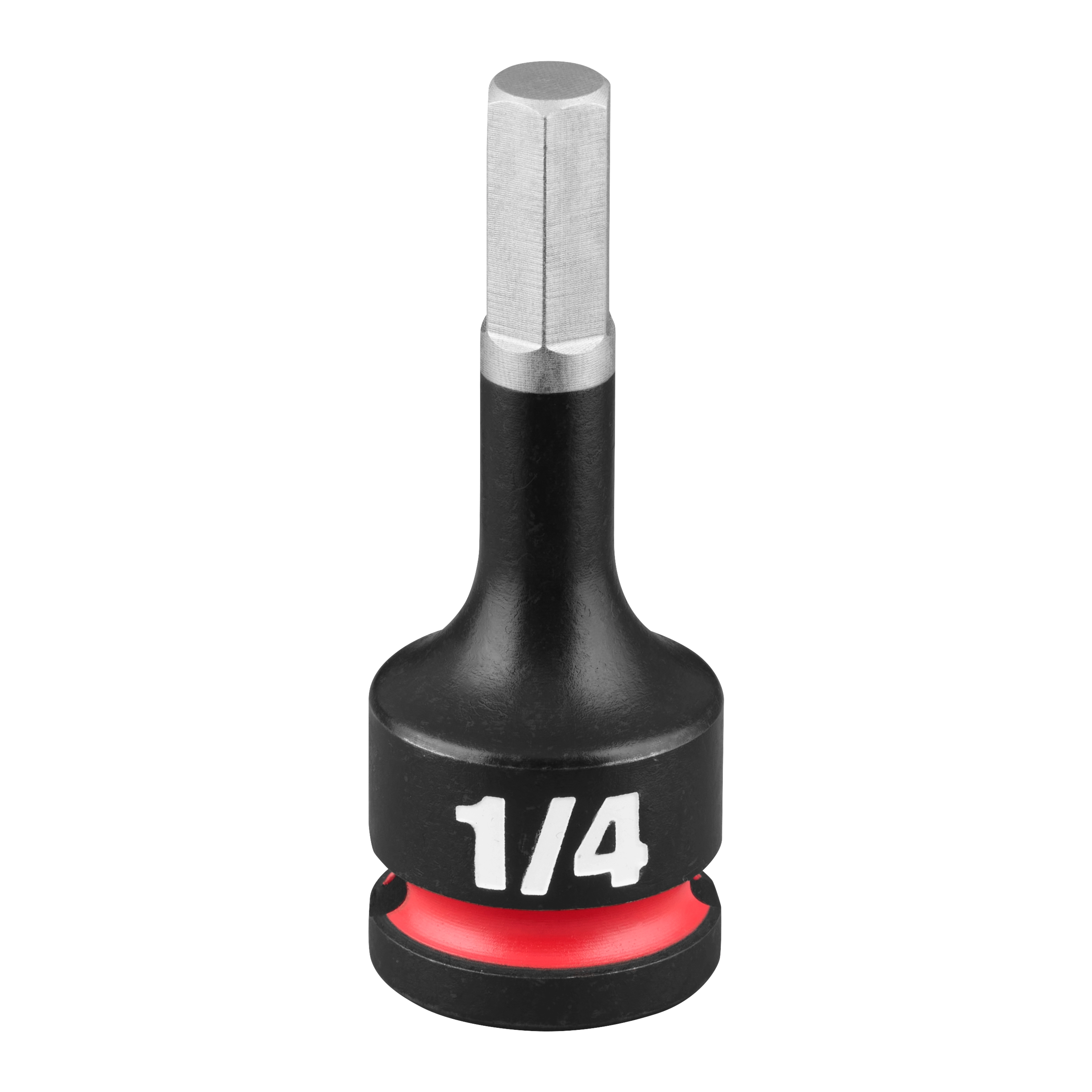 The SHOCKWAVE Impact Duty 3/8" Drive 2" Hex 1/4" Bit Socket is made of durable metal. It features a black finish with a red ring at the base and displays "1/4" in white text on the side.