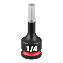 The SHOCKWAVE Impact Duty 3/8" Drive 2" Hex 1/4" Bit Socket is made of durable metal. It features a black finish with a red ring at the base and displays "1/4" in white text on the side.