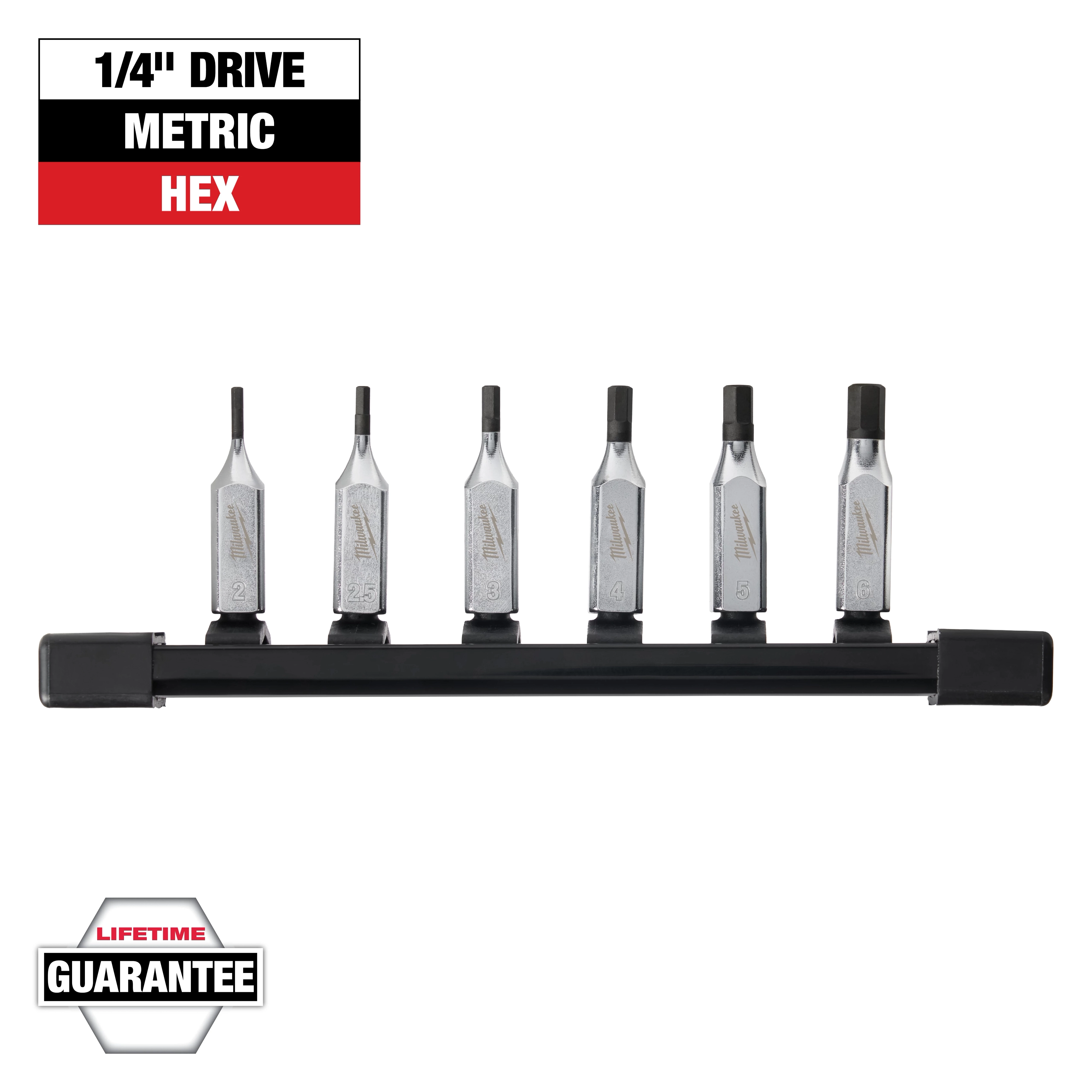 The image shows a set of six 1/4" drive metric hex bits mounted on a holder. The set includes sizes ranging from 2mm to 6mm. There is a "Lifetime Guarantee" label and a description that reads "1/4" Drive Metric Hex."