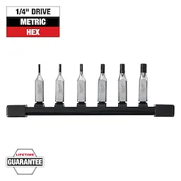 The image shows a set of six 1/4" drive metric hex bits mounted on a holder. The set includes sizes ranging from 2mm to 6mm. There is a "Lifetime Guarantee" label and a description that reads "1/4" Drive Metric Hex."