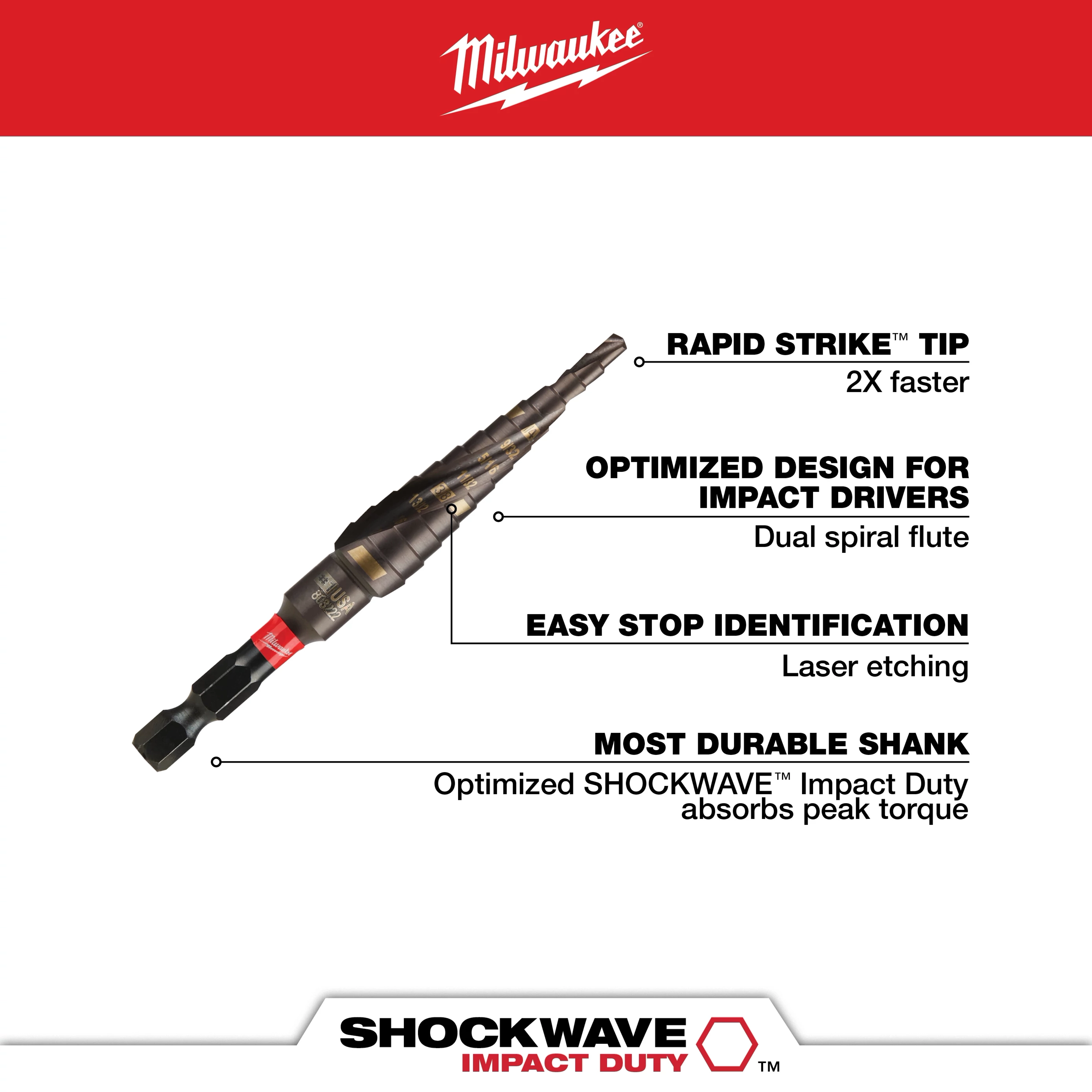 The SHOCKWAVE 1/8 in. x 1/2 in. x 1/16 in. #1 Impact-Duty Titanium Step Bit features a rapid strike tip for faster drilling, dual spiral flute for optimized impact drivers, laser-etched easy stop identification, and a durable shank to absorb peak torque.