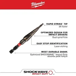 The SHOCKWAVE 1/8 in. x 1/2 in. x 1/16 in. #1 Impact-Duty Titanium Step Bit features a rapid strike tip for faster drilling, dual spiral flute for optimized impact drivers, laser-etched easy stop identification, and a durable shank to absorb peak torque.