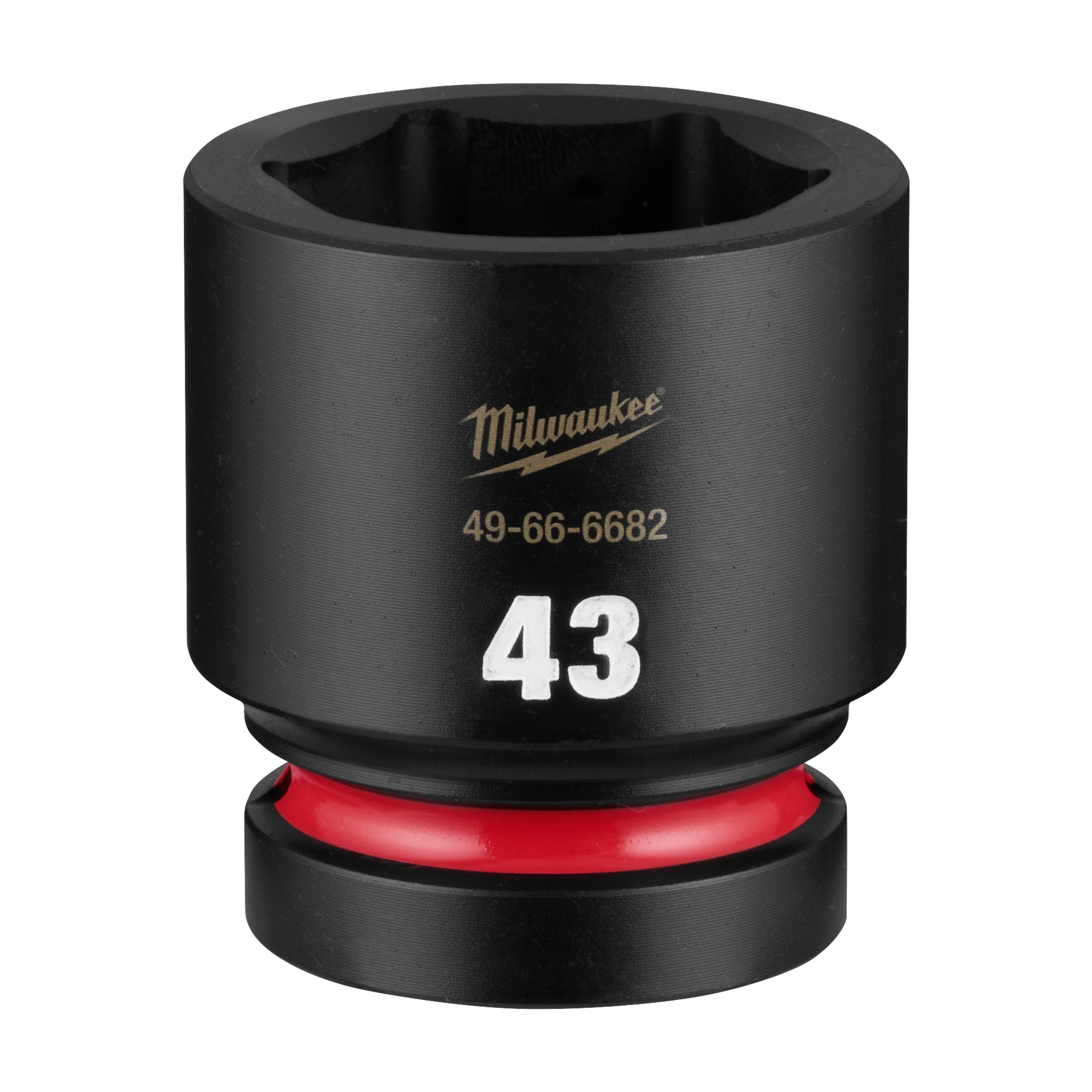 SHOCKWAVE Impact Duty 1" Drive 43mm Standard 6 Point Socket standing upright with a red ring near the base.