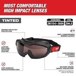 Vented Goggles - Tinted Dual Coat Lens with anti-scratch exterior, fog-free interior, comfortable adjustable straps, and rubber gasket.