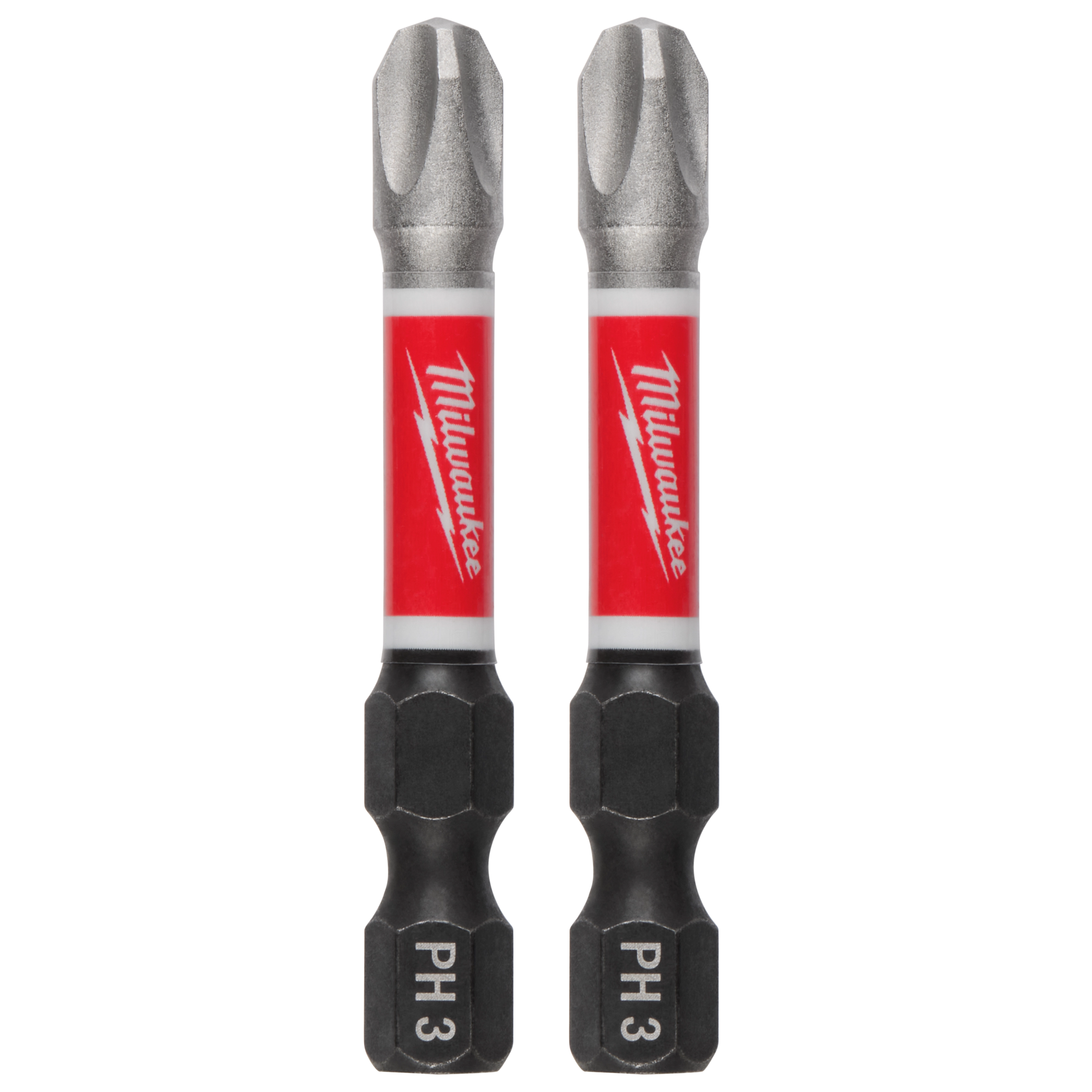 The image shows two SHOCKWAVE™ Impact Duty 2" PH3 Bits (2 Pk). The bits are metallic with red and white branding labeled "Milwaukee". The lower section of each bit is marked "PH3".