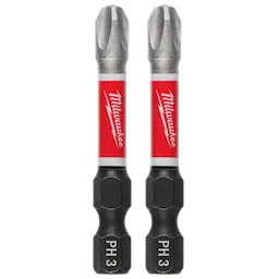 The image shows two SHOCKWAVE™ Impact Duty 2" PH3 Bits (2 Pk). The bits are metallic with red and white branding labeled "Milwaukee". The lower section of each bit is marked "PH3".