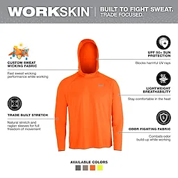 WORKSKIN Hooded Sun Shirt - Orange features sweat-wicking fabric, UPF 50+ sun protection, lightweight breathability, trade-built stretch for movement, and odor-fighting properties.