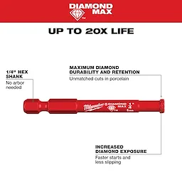 Image of a red-colored 1/4" Diamond Max™ Hole Saw by Milwaukee. The tool features a 1/4" hex shank, maximum diamond durability for unmatched cuts in porcelain, and increased diamond exposure for faster starts and less slipping. Bold text highlights “UP TO 20X LIFE.”