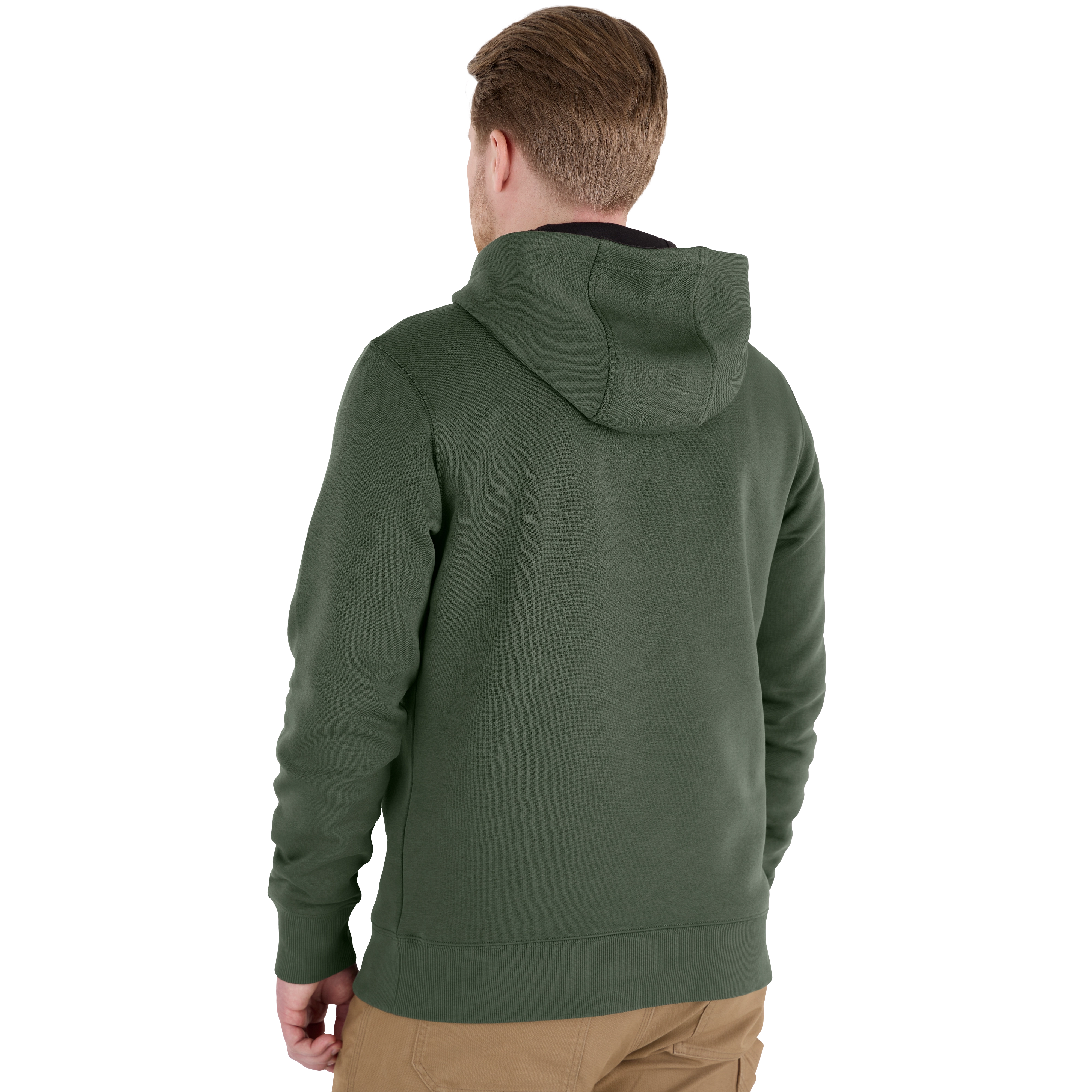 Person wearing a green FREEFLEX Pullover Hoodie, viewed from the back.