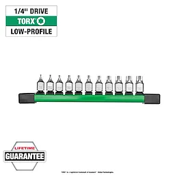 11-piece 1/4" Drive Low-Profile TORX Bit Socket Set with a green holder, featuring TORX bits arranged in a row.