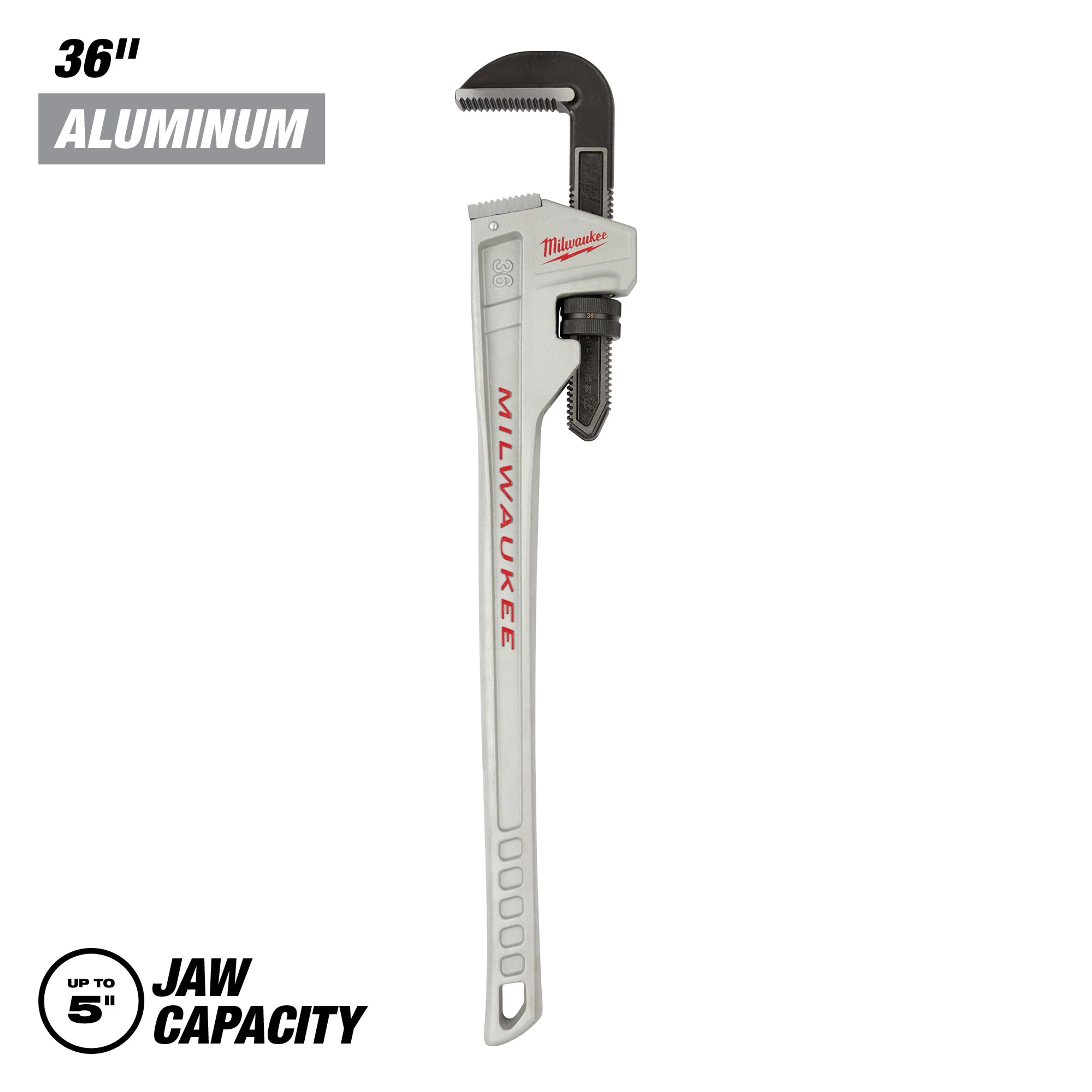 Milwaukee 36-inch Aluminum Pipe Wrench with up to 5-inch jaw capacity. The tool has a grey body with red Milwaukee branding and a black adjustable jaw.