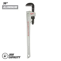 Milwaukee 36-inch Aluminum Pipe Wrench with up to 5-inch jaw capacity. The tool has a grey body with red Milwaukee branding and a black adjustable jaw.