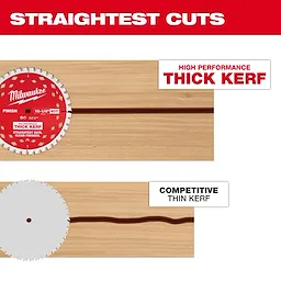 10-1/4" 40T Thick Kerf Finish Circular Saw Blade cutting a straight groove in wood compared to a wavy thin kerf cut.