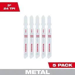 3" 24TPI T-Shank Metal Cutting Bi-Metal Jig Saw Blades 5PK, featuring five white blades with a T-shank design and 24 teeth per inch.