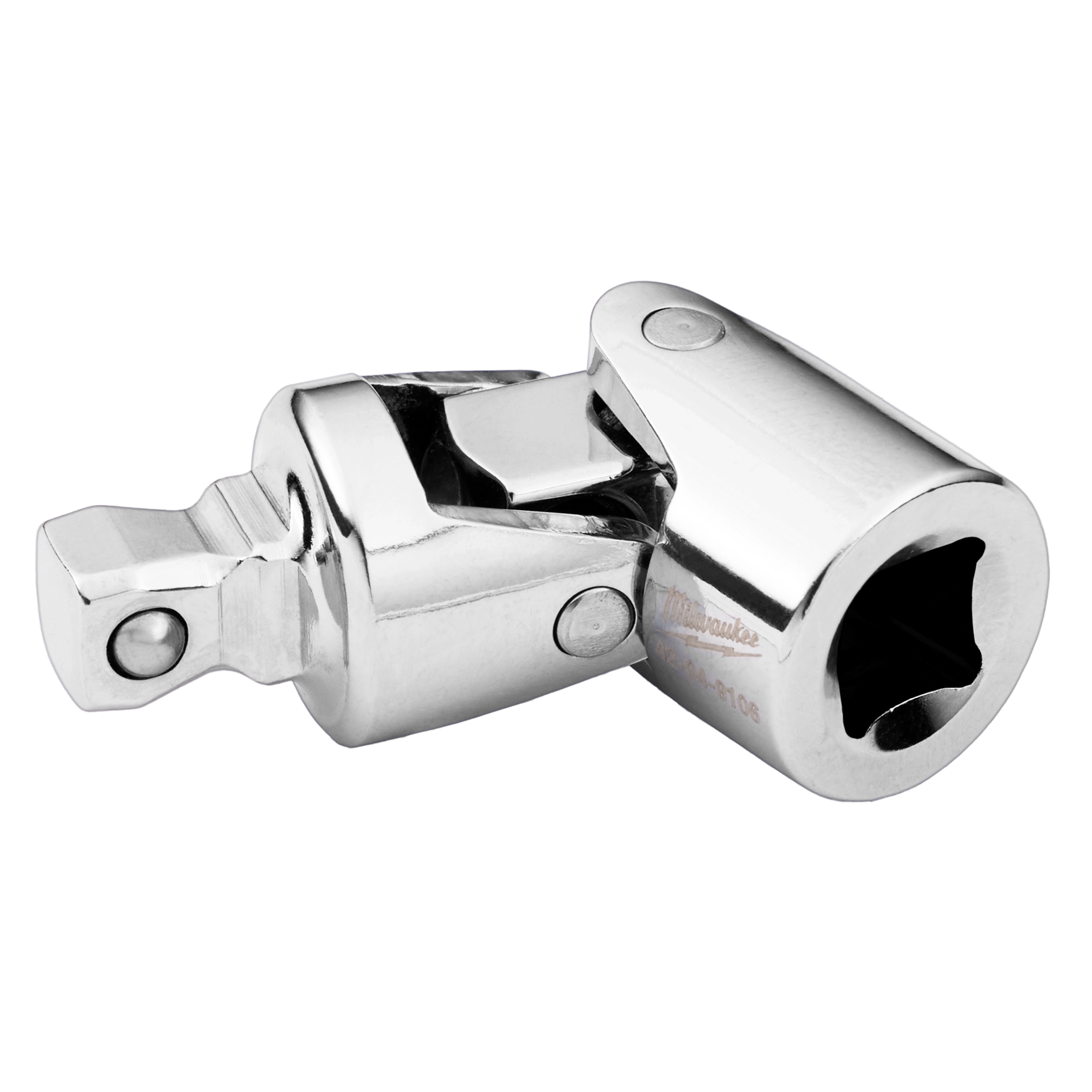 1/4" Drive Universal Joint is a chrome-finished metal tool accessory with a swivel design, allowing for flexible connections in tight spaces. The joint has a female end for socket attachment and a male end for insertion into a 1/4" drive ratchet.