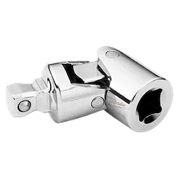 1/4" Drive Universal Joint is a chrome-finished metal tool accessory with a swivel design, allowing for flexible connections in tight spaces. The joint has a female end for socket attachment and a male end for insertion into a 1/4" drive ratchet.