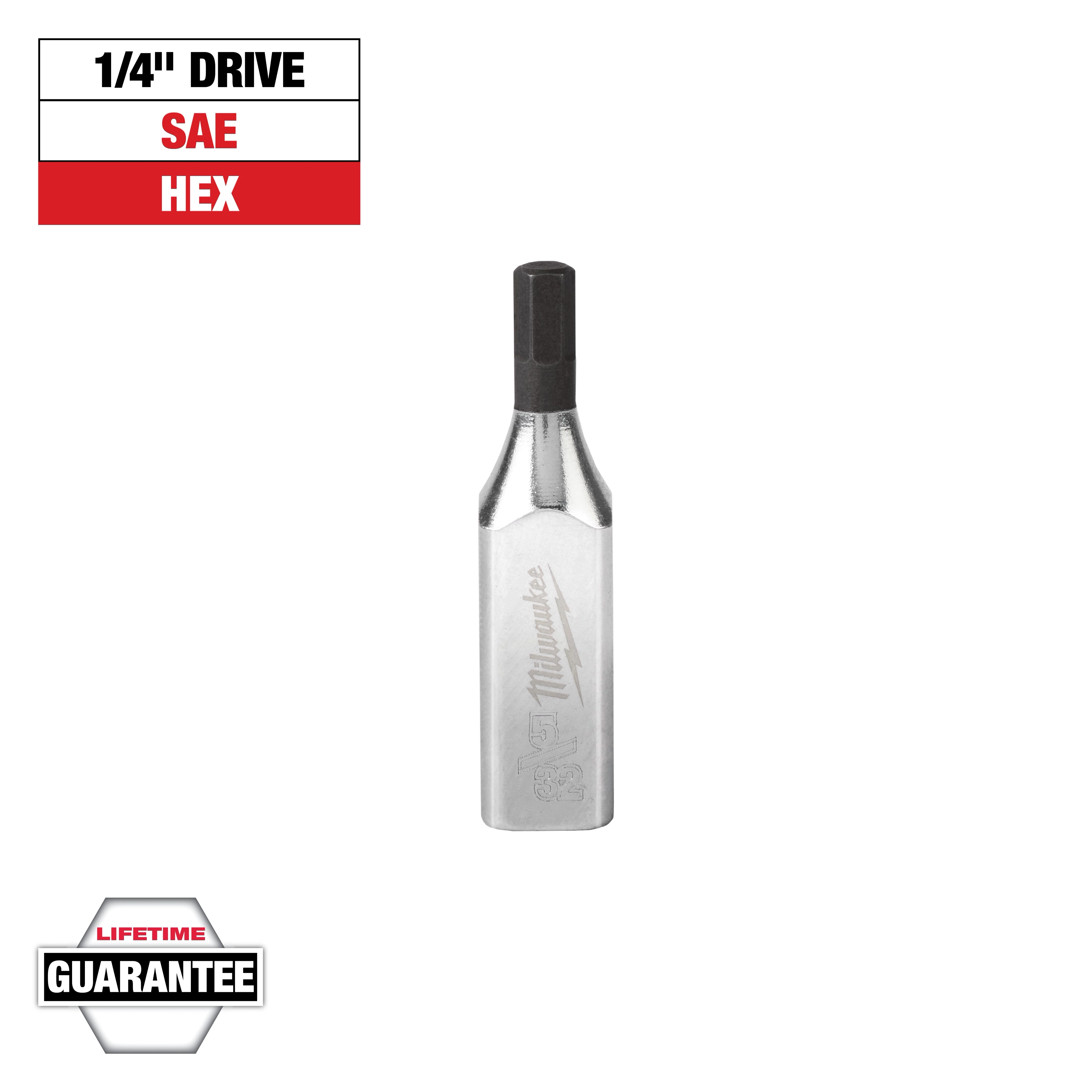 This image shows a Milwaukee branded 1/4" drive SAE hex bit. It has a metallic finish and comes with a lifetime guarantee. The text above indicates its specifications: 1/4" drive, SAE, hex.