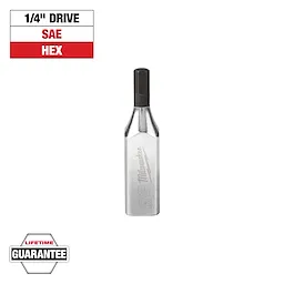 This image shows a Milwaukee branded 1/4" drive SAE hex bit. It has a metallic finish and comes with a lifetime guarantee. The text above indicates its specifications: 1/4" drive, SAE, hex.