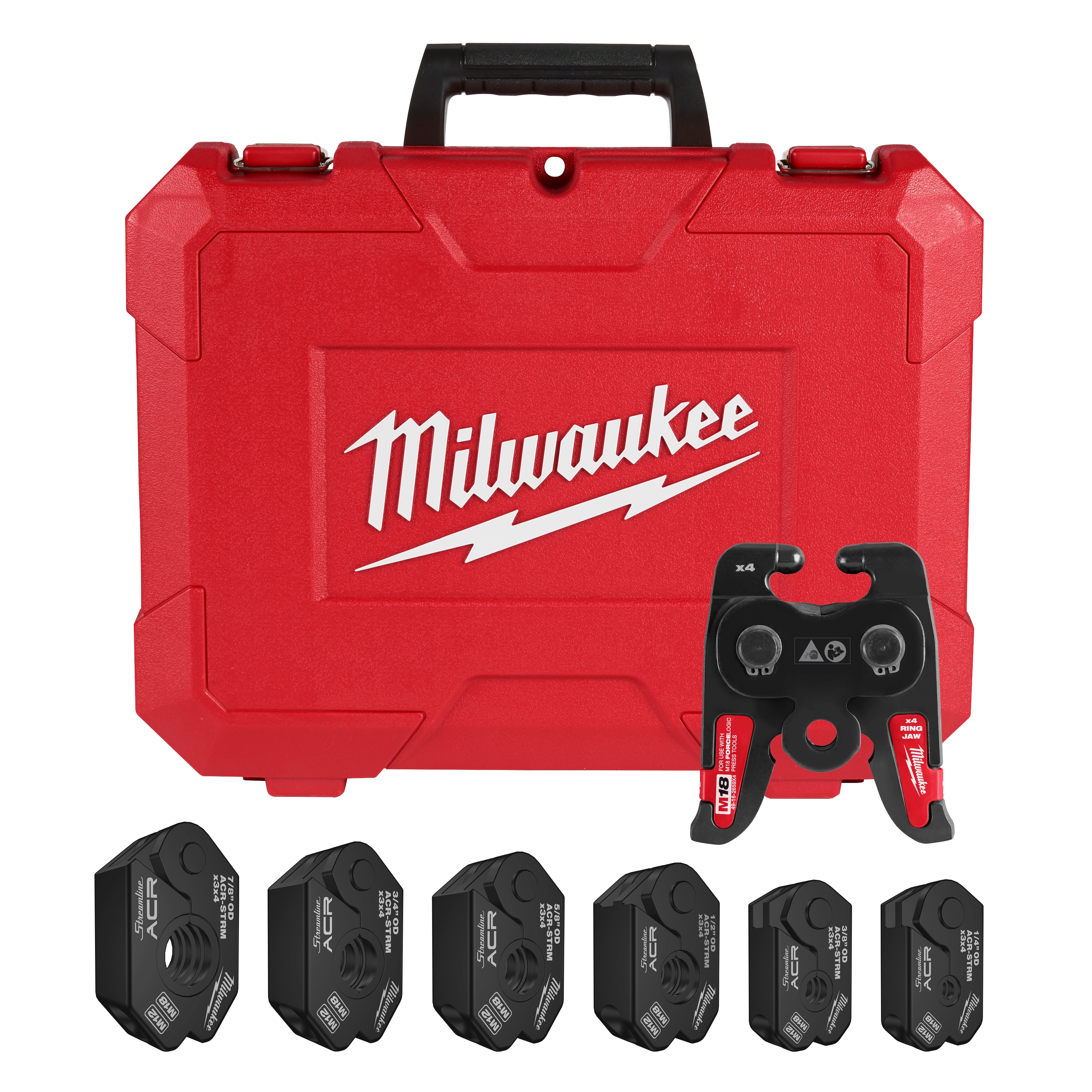 The image shows a red Milwaukee tool case behind five black press rings and a black pivoting press ring for 1/4"-7/8" STREAMLINE® ACR Pivoting Press Ring Kit for M18™ FORCE LOGIC™ Press Tools. The rings, labeled with their size, are lined up in front of the case.