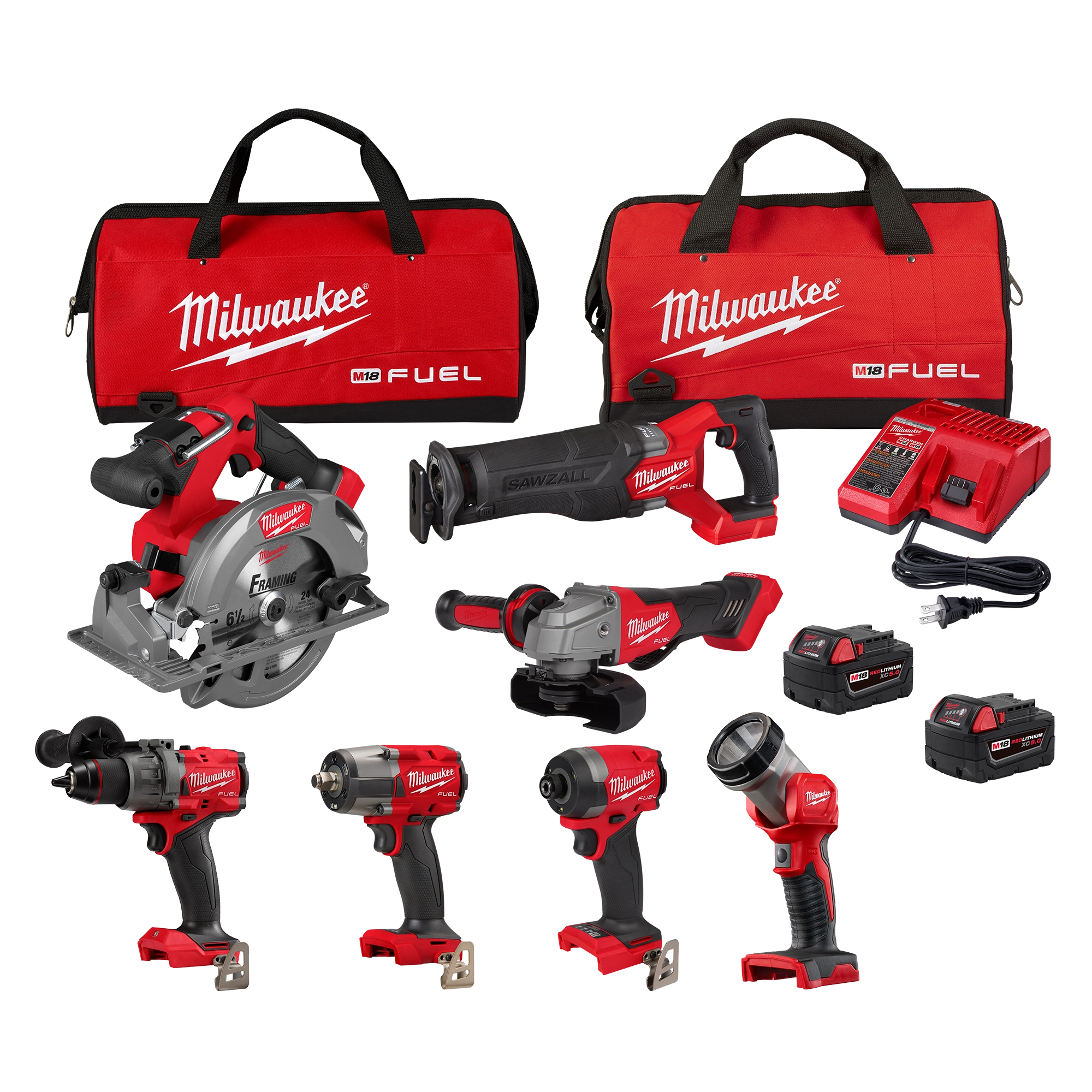 The M18 FUEL™ 7 PC Combo Kit includes seven cordless power tools such as a circular saw, reciprocating saw, grinder, impact driver, hammer drill, impact wrench, and work light. Accessories include two red and black tool bags, batteries, and a charger. All tools feature the brand's logos and colors.