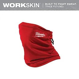 Red WORKSKIN Performance Neck Gaiter with a black adjustable drawstring and white "Milwaukee" logo displayed on the fabric.