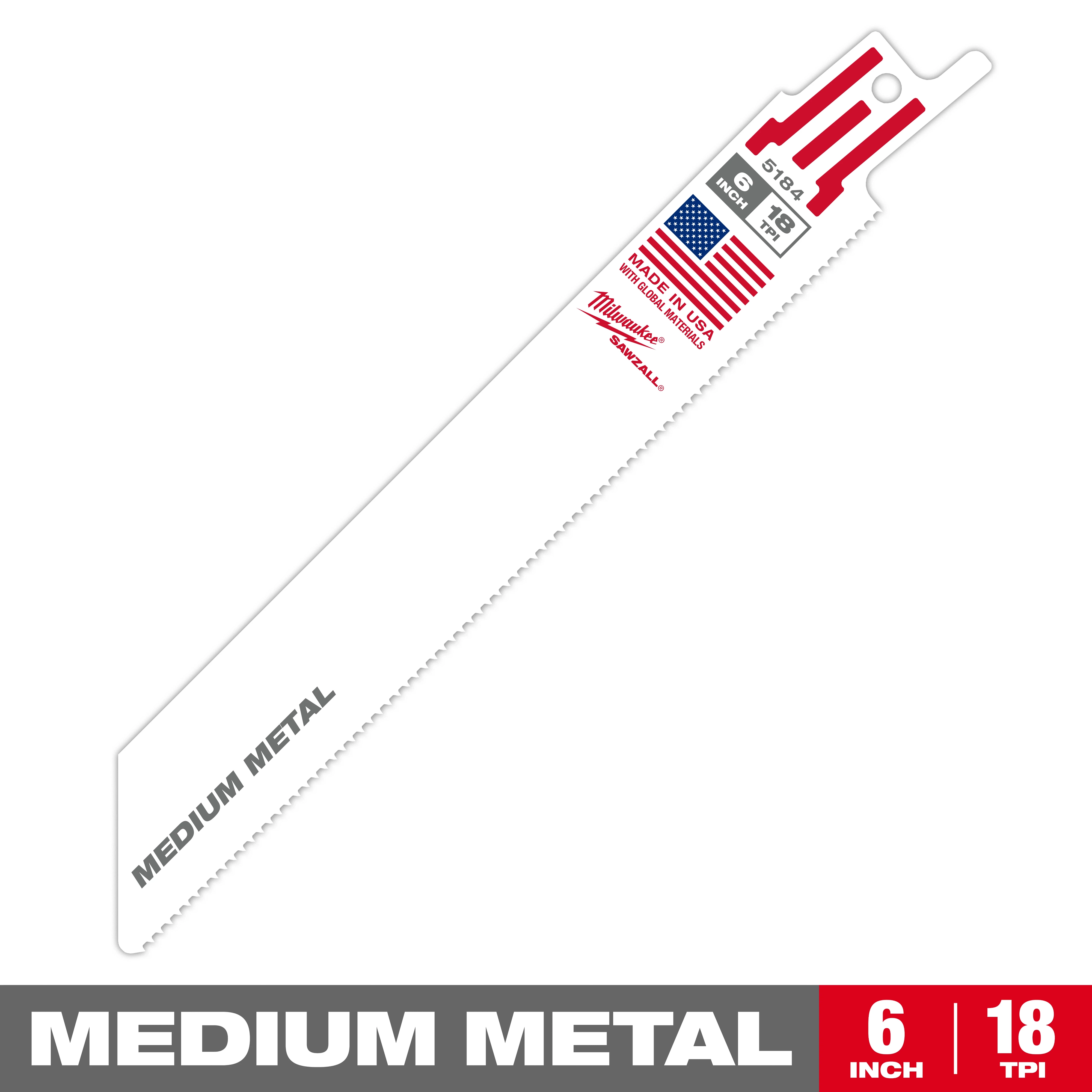 Milwaukee Sawzall 6-inch blade designed for cutting medium metal, featuring 18 teeth per inch (TPI). The blade is white with red and black printing, including an American flag, and is labeled "Made in USA." The words "Medium Metal" are printed near the tip.