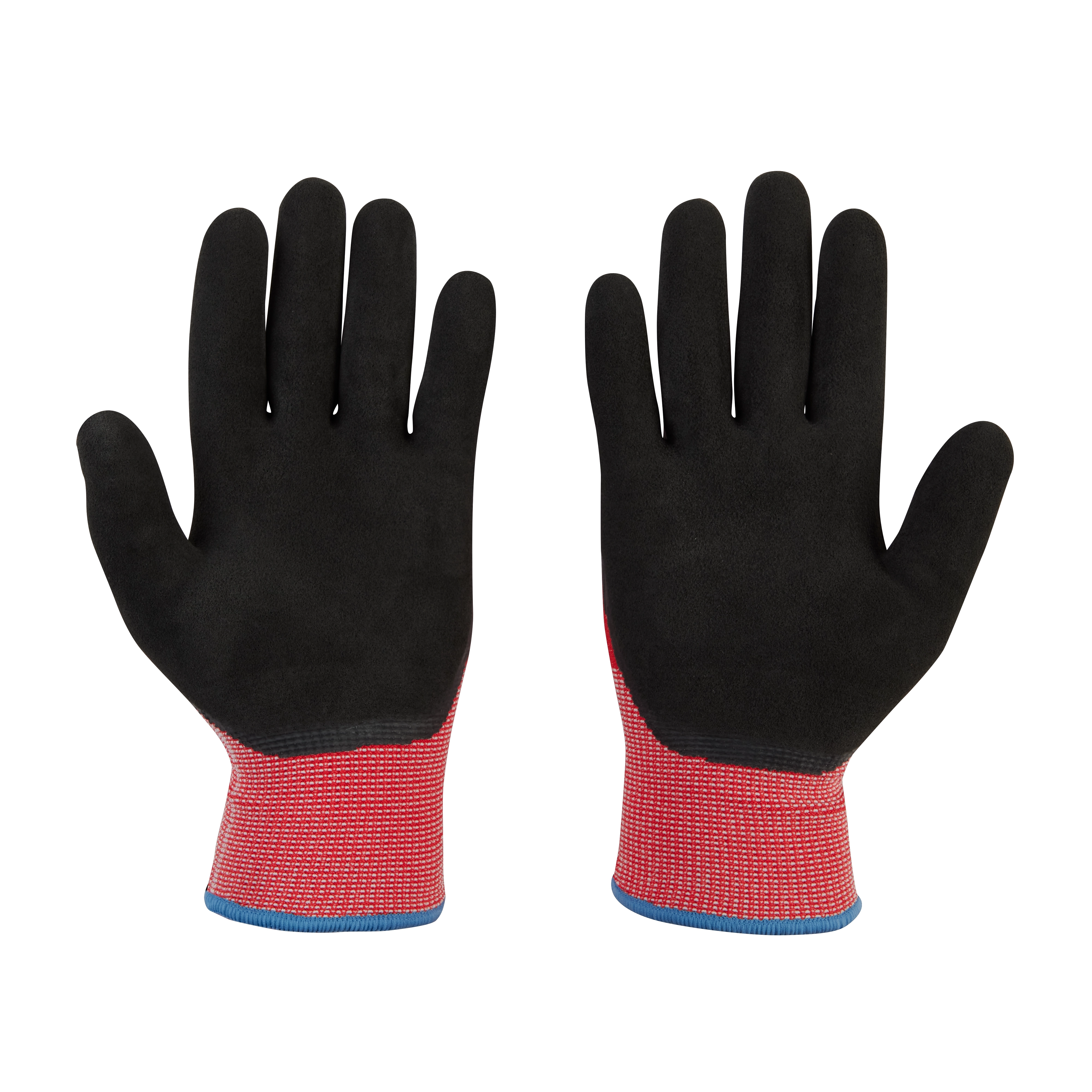 Cut Level 2 Winter Dipped Gloves - XL with black palms and red knitted cuffs, displayed with palms facing forward.