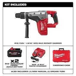 The M18 FUEL™ 1-9/16" SDS Max Rotary Hammer kit includes the rotary hammer itself, two M18™ REDLITHIUM™ XC8.0 batteries, an M18™ & M12™ rapid charger, a carrying case, a side handle, and a grease tube. The rotary hammer is red with a black handle and grey top.
