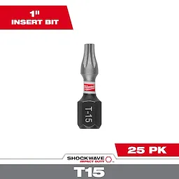 Image of SHOCKWAVE™ 1" Impact Duty TORX® T15 Insert Bits (25 PK). The bit is black with a T-15 label and a metal tip. Red and white packaging details emphasize the bit size and quantity. SHOCKWAVE Impact Duty branding is prominently featured at the bottom.