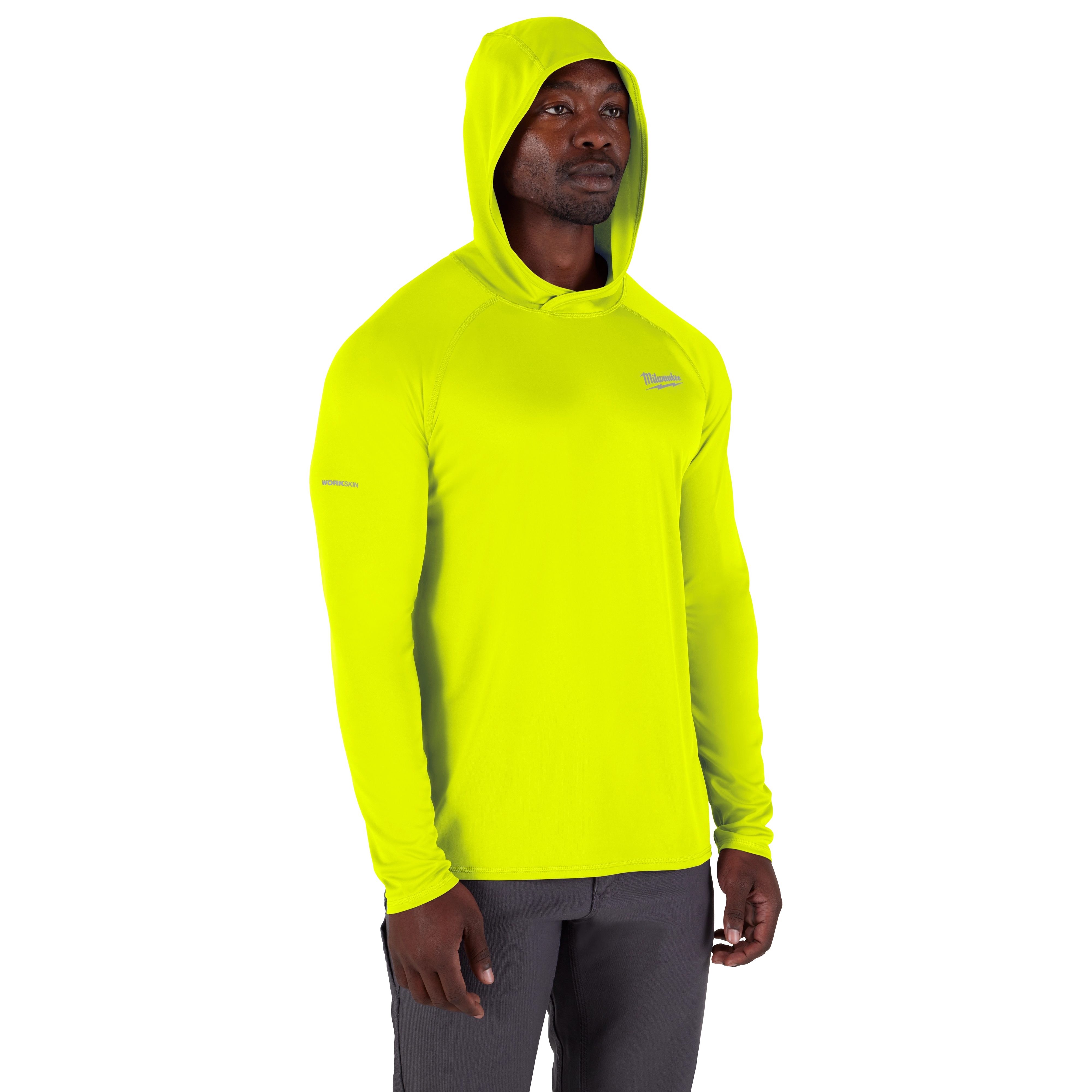 The WORKSKIN Hooded Sun Shirt is bright yellow with long sleeves, a hood, and a straight hem.