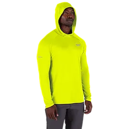 The WORKSKIN Hooded Sun Shirt is bright yellow with long sleeves, a hood, and a straight hem.
