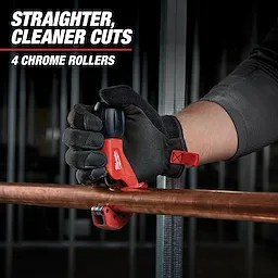A gloved hand uses the Milwaukee Tubing Cutter to cut a copper pipe. The text "Straighter, Cleaner Cuts" and "4 Chrome Rollers" appears at the top left.