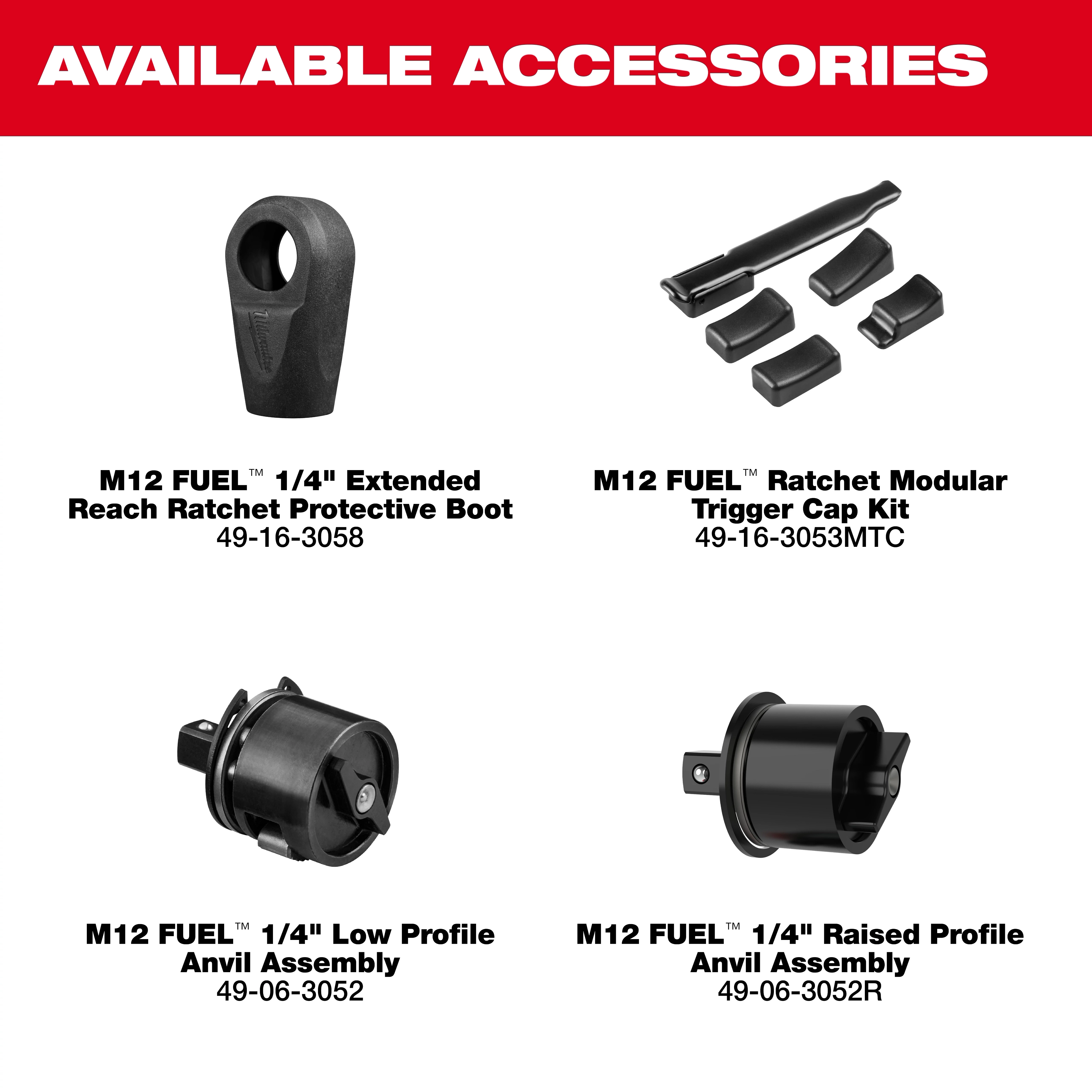 Accessories for the M12 FUEL 1/4" Extended Reach Ratchet and M12 FUEL 1/4" Extended Reach Ratchet Kit displayed.