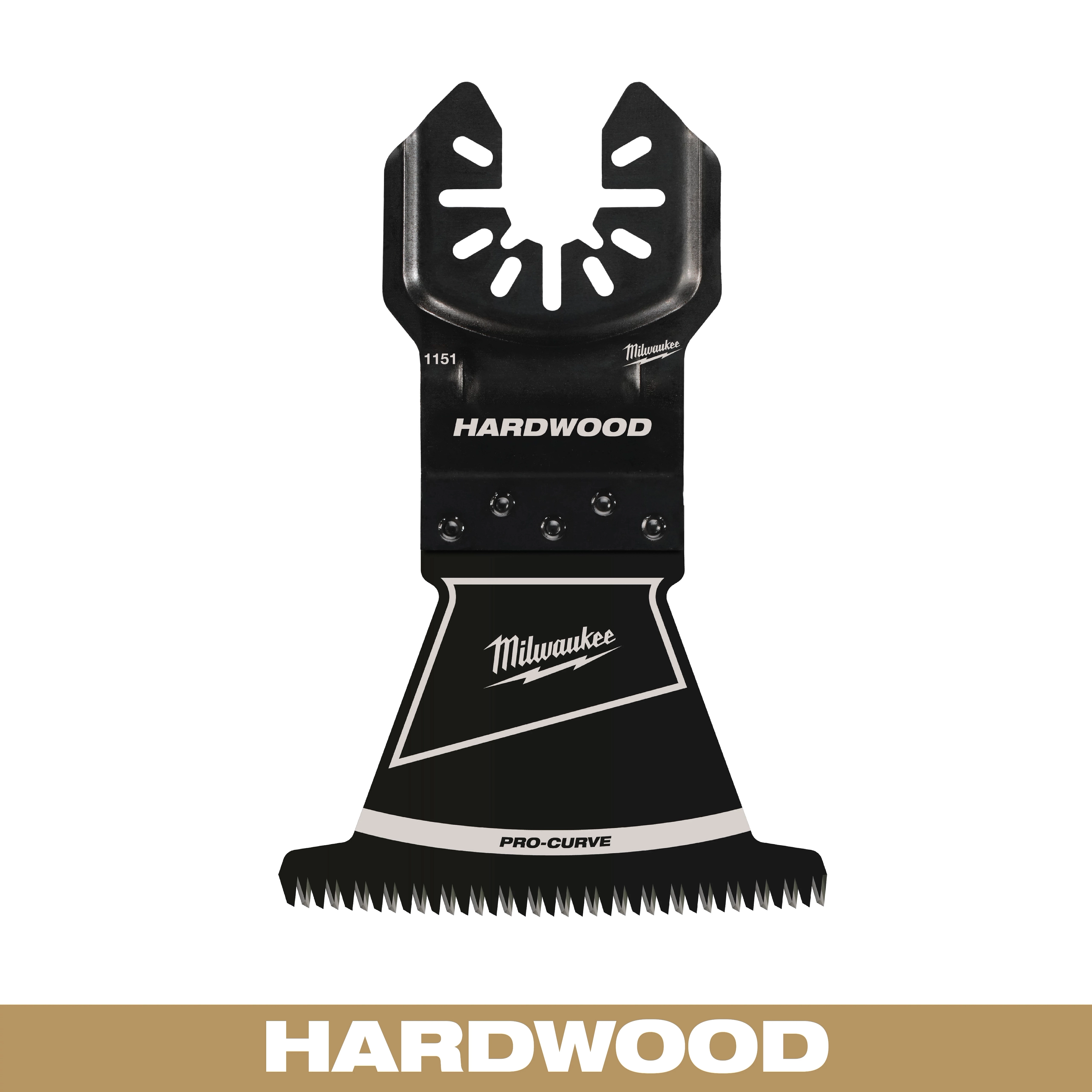 Milwaukee OPEN-LOK 1-3/8" HCS Japanese Tooth Pro-Curve Hardwood Blade, black with "HARWOOD" and "PRO-CURVE" text, on white background.