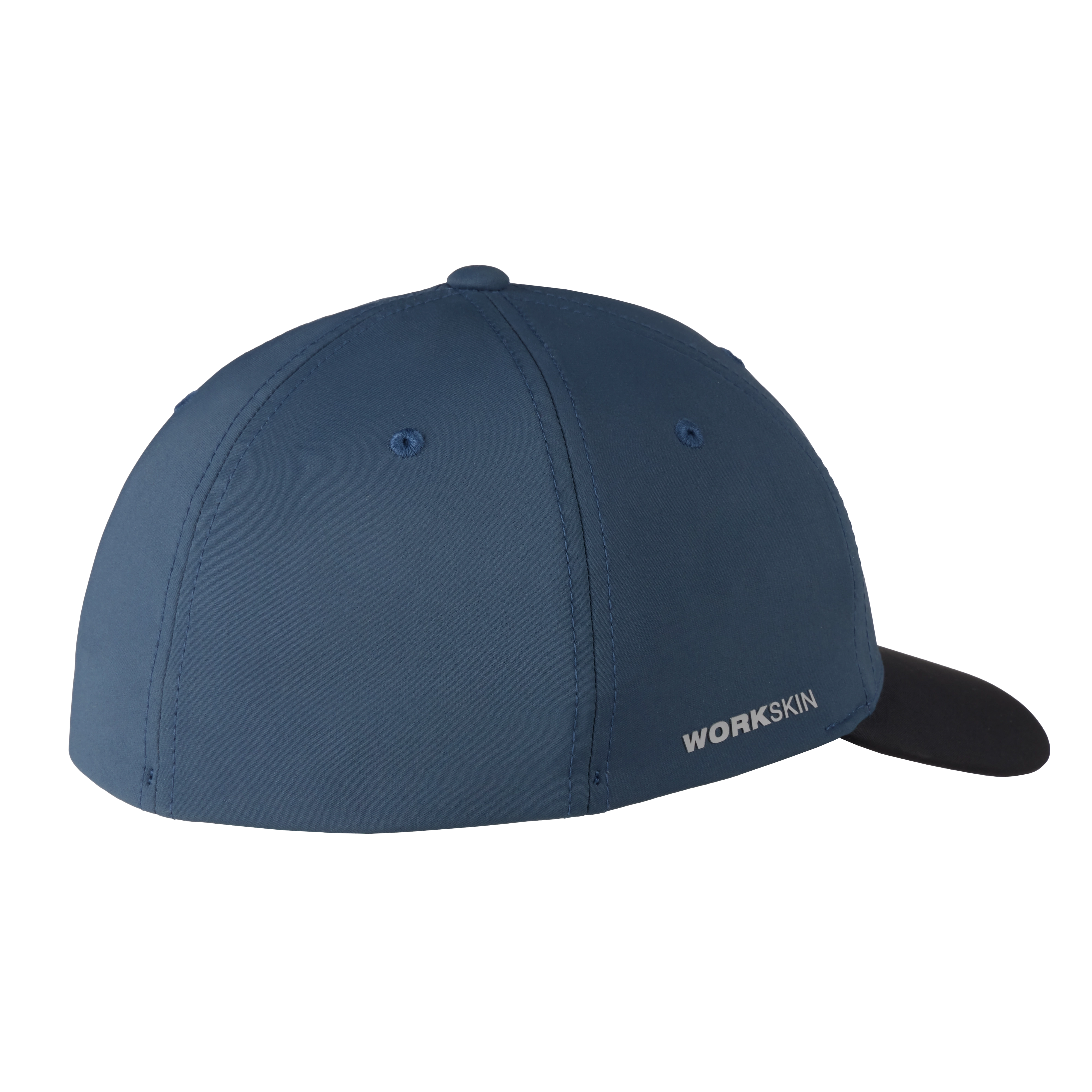 Blue WORKSKIN Performance Fitted Hat with small ventilation holes and black brim, viewed from the back right side.