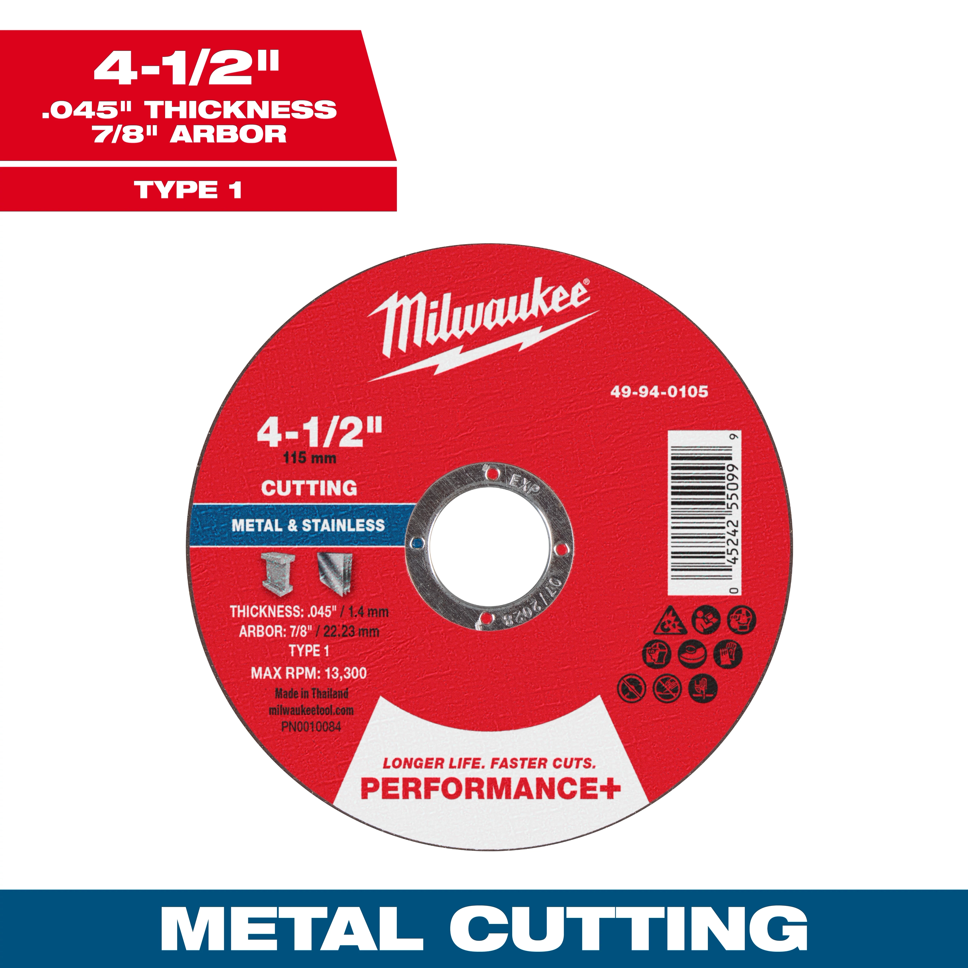 4-1/2" x .045" x 7/8" Performance+ Metal Cut Off Wheel - Type 1. Red disc with white text and product details for cutting metal.