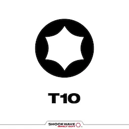 The image displays a black six-point star shape representing the SHOCKWAVE™ T10 Tip Type. The T10 text is below the shape, and the SHOCKWAVE Impact Duty logo is at the bottom.