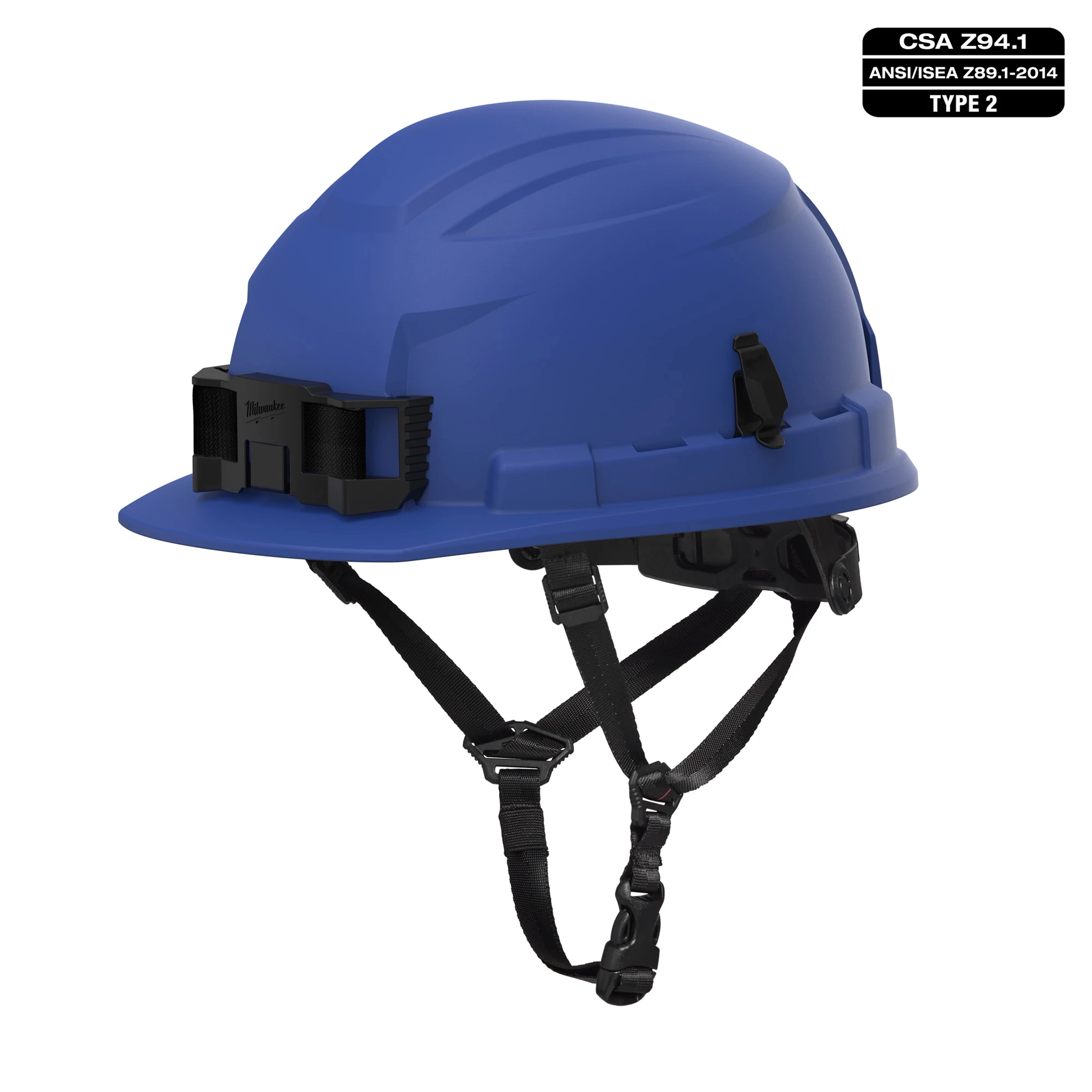 BOLT Blue Front Brim Safety Helmet with 4pt Ratcheting Suspension, Type 2, Class E. Features a chin strap and meets CSA Z94.1 standard.