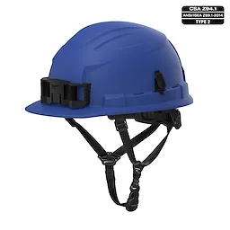 BOLT Blue Front Brim Safety Helmet with 4pt Ratcheting Suspension, Type 2, Class E. Features a chin strap and meets CSA Z94.1 standard.
