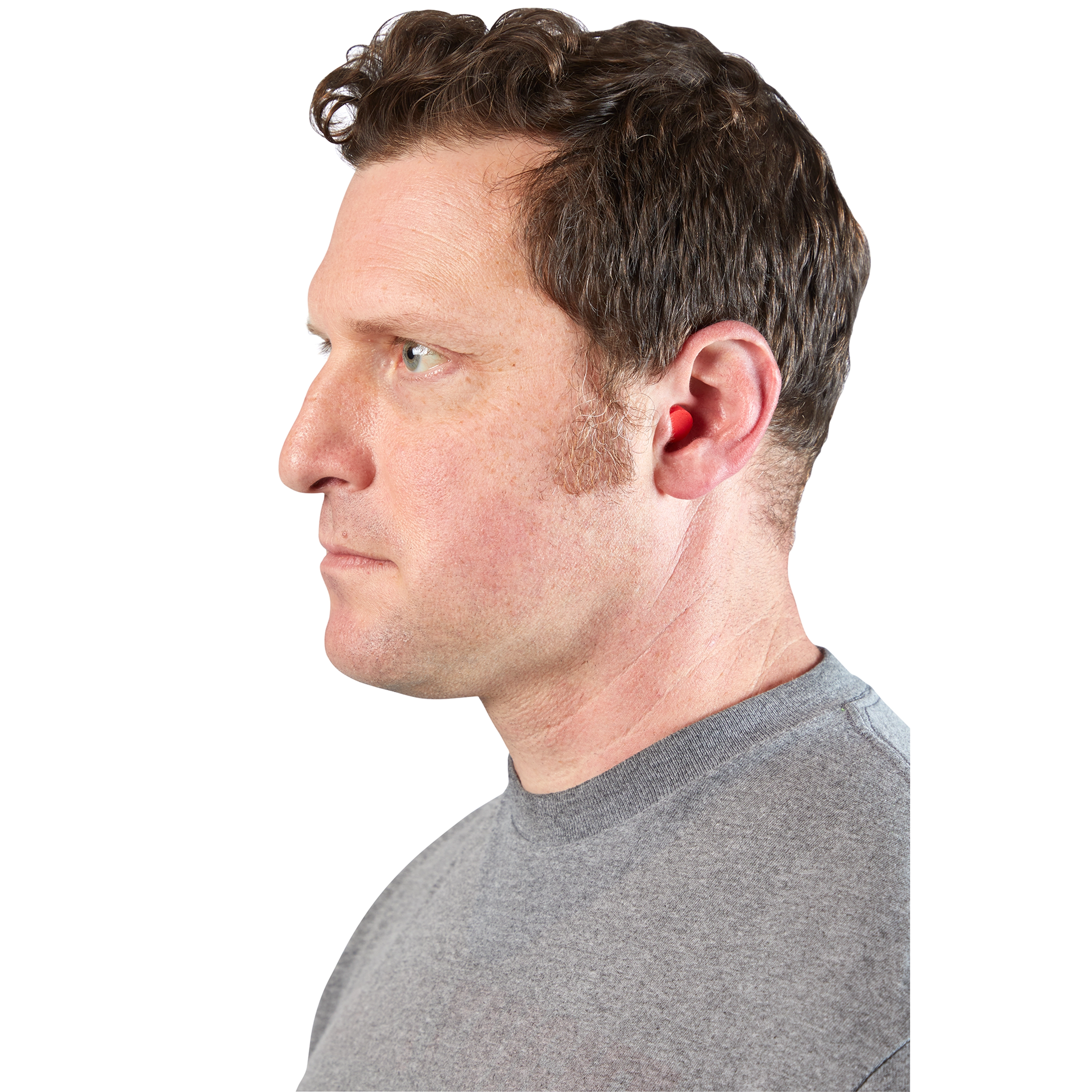 Man in gray shirt wears red Ear%20Plugs in his right ear.
