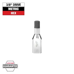 This image shows a 3/8" drive metric hex bit socket from Milwaukee. The top-left corner displays text indicating it is a "3/8" DRIVE METRIC HEX." The bottom-left corner highlights a "Lifetime Guarantee." The tool is silver with a black hex bit.